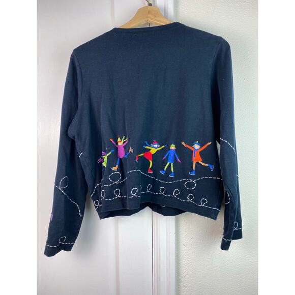 Michael Simon Lite Women's Size M Black Colorful Embroidered Ice Skaters Sweater - Picture 4 of 6